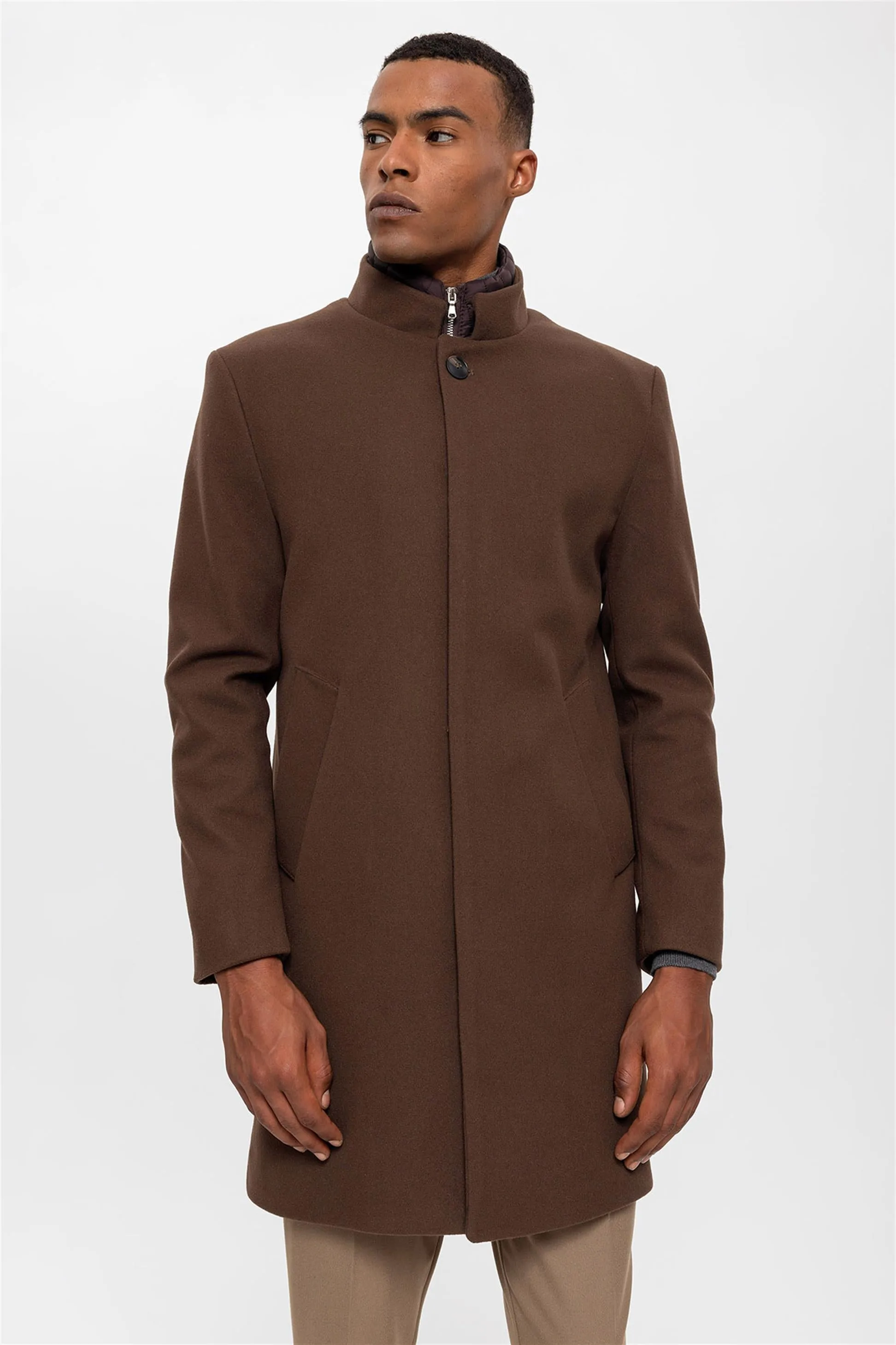 Brown High Collar Men's Coat with Hidden Button Detail - Wessi