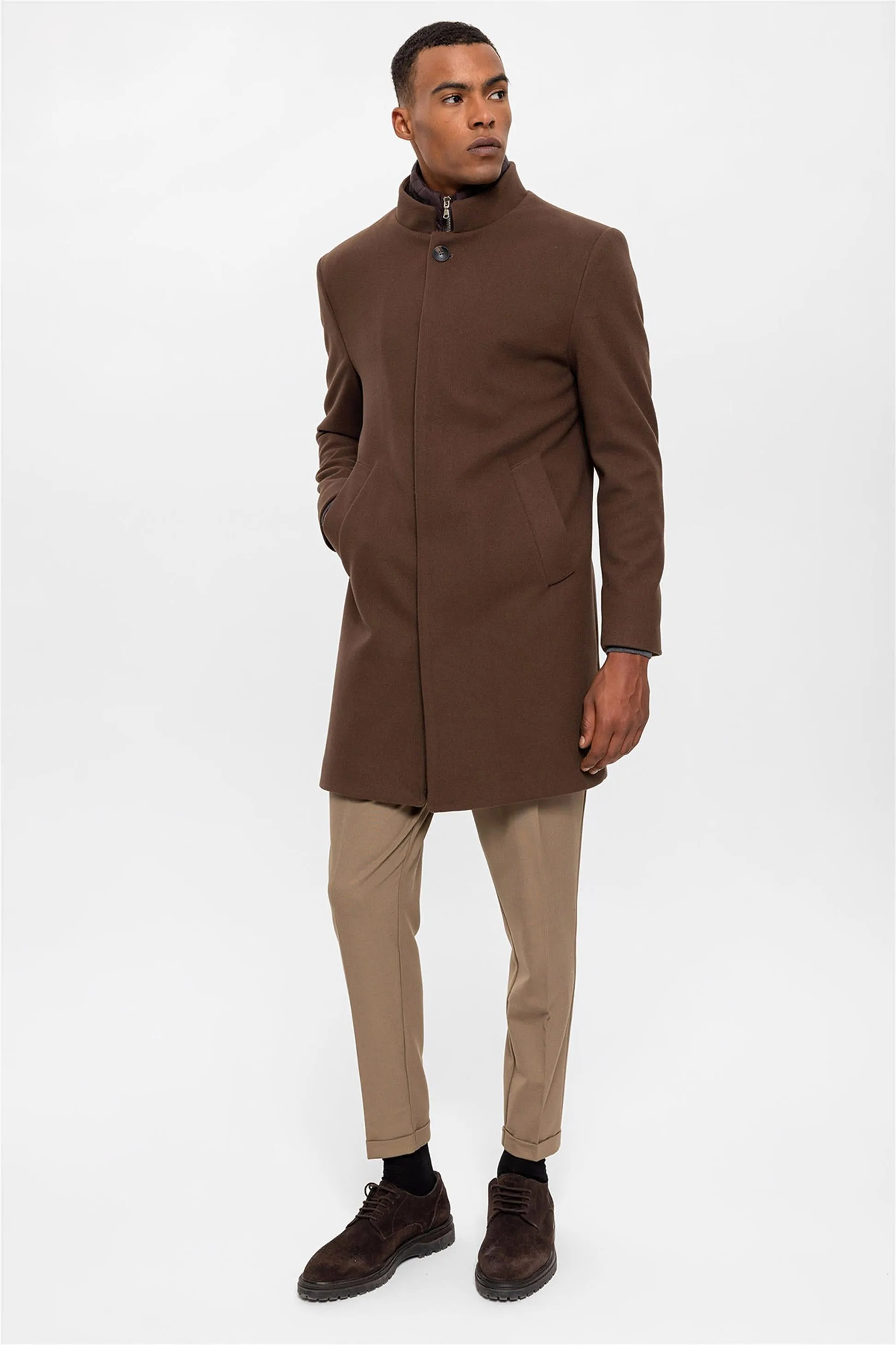 Brown High Collar Men's Coat with Hidden Button Detail - Wessi