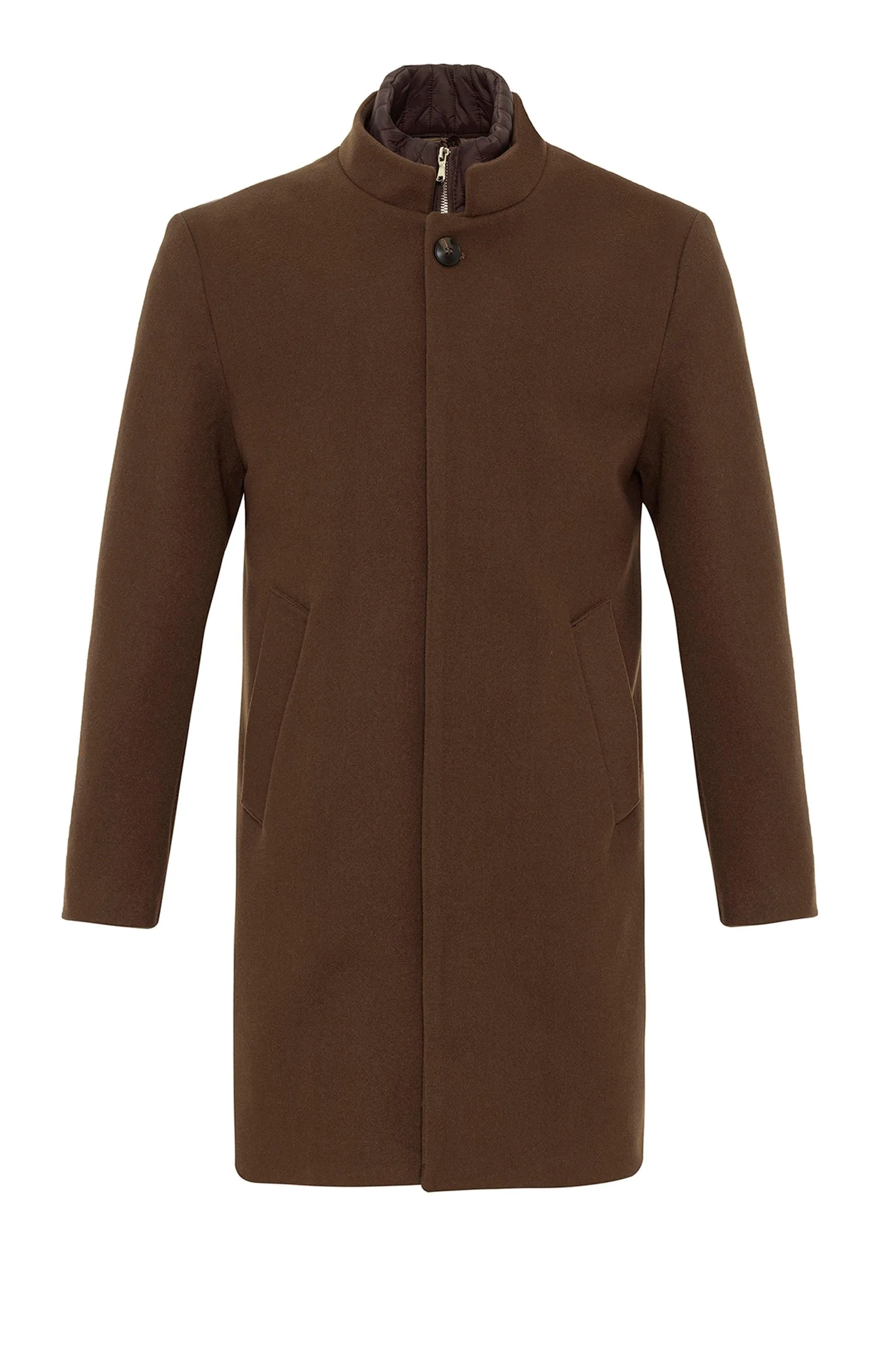 Brown High Collar Men's Coat with Hidden Button Detail - Wessi