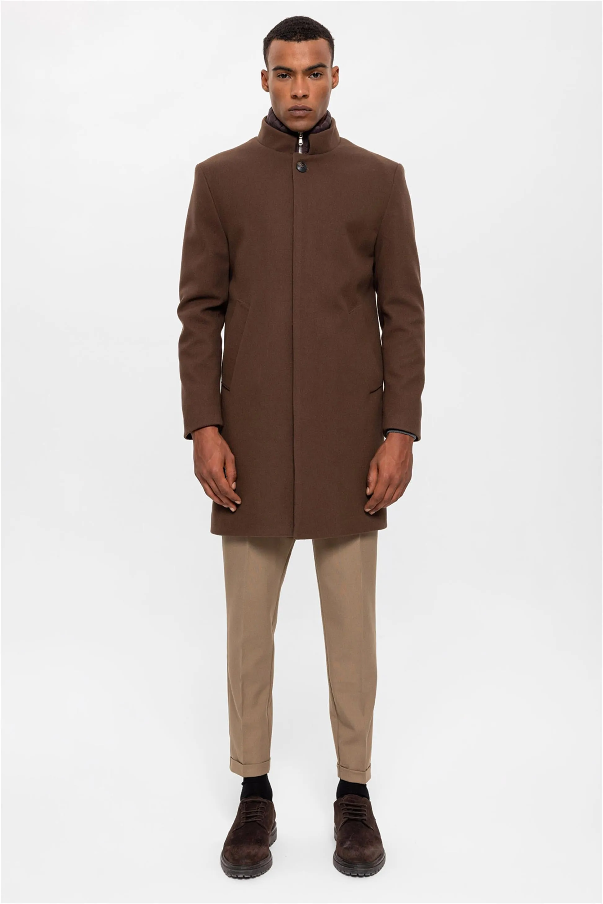 Brown High Collar Men's Coat with Hidden Button Detail - Wessi