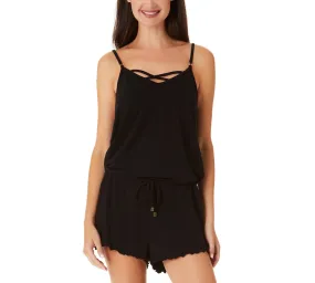 California Waves Junior's Tie Waist Swim Cover Up Romper Swimsuit Black