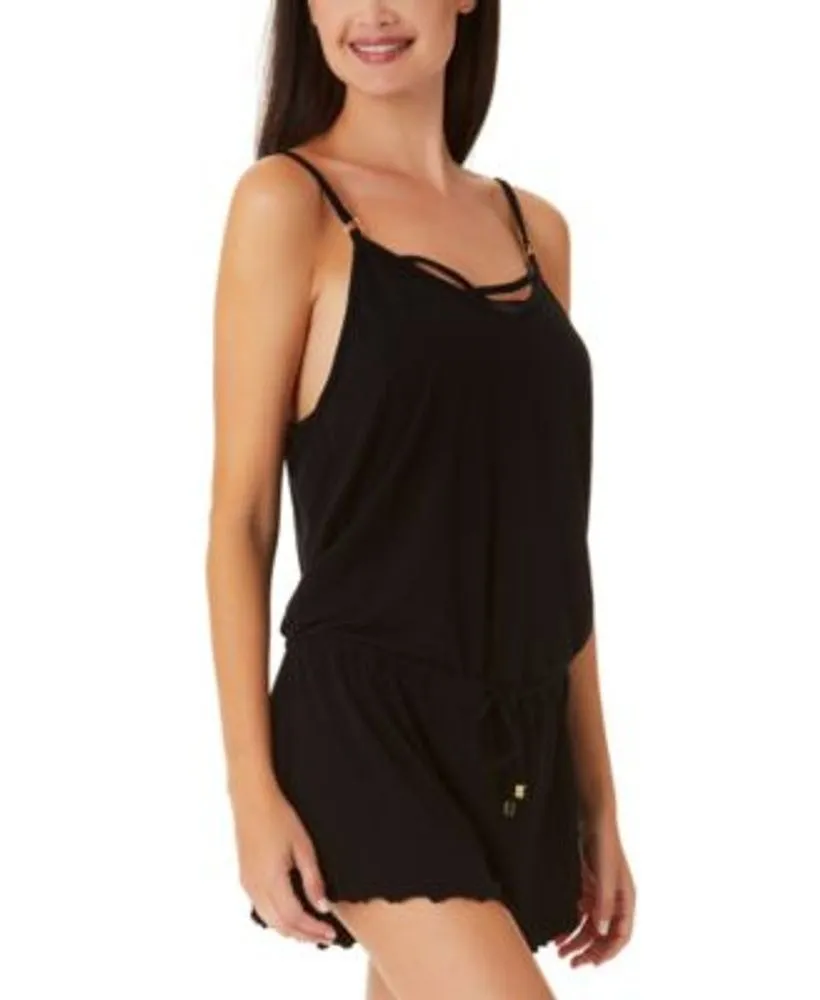 California Waves Junior's Tie Waist Swim Cover Up Romper Swimsuit Black