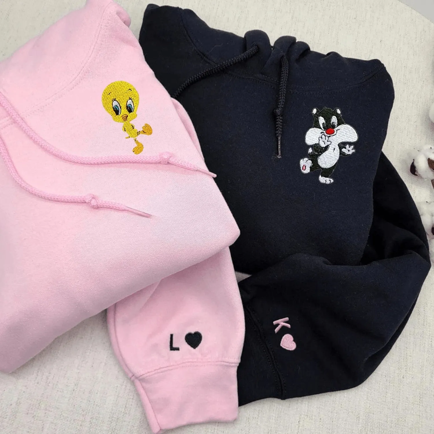 Cartoon Cat And Bird Matching Couple Sweatshirts - Personalized Embroidered Sweatshirts For Couples