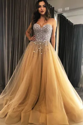 Champagne Gold Prom Dress with Crystals, Evening Dress ,Winter Formal Dress, Pageant Dance Dresses, Graduation School Party Gown, PC0320