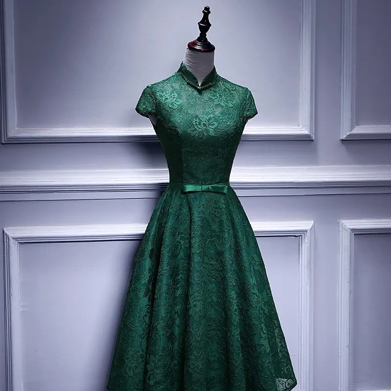 Charming Dark Green Tea Length High Neckline Party Dress, Wedding Party Dress