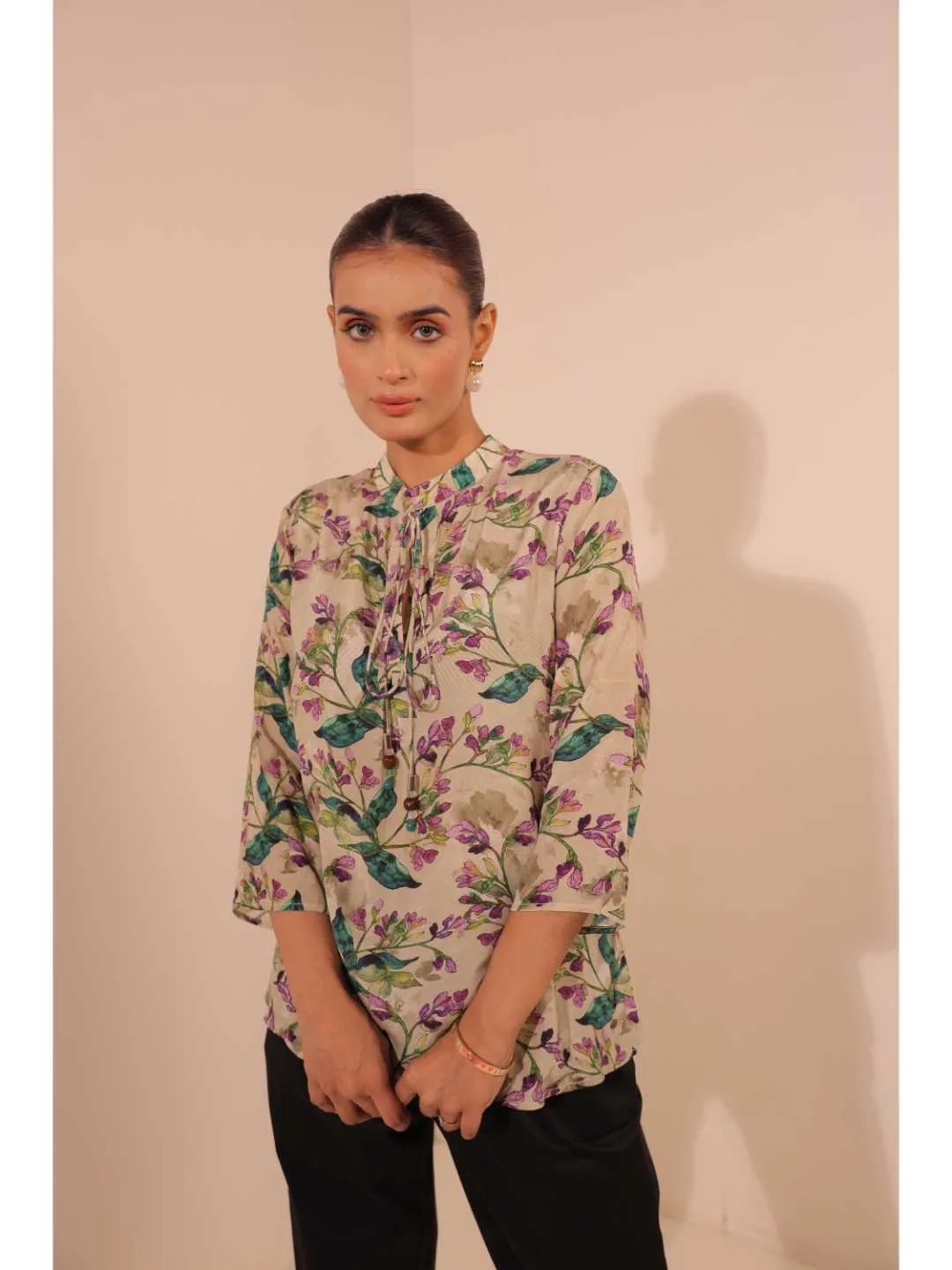 cheerful  natural crepe floral printed mandarin collar string, A-Line hand embellished top with three-forth sleeve - Multi