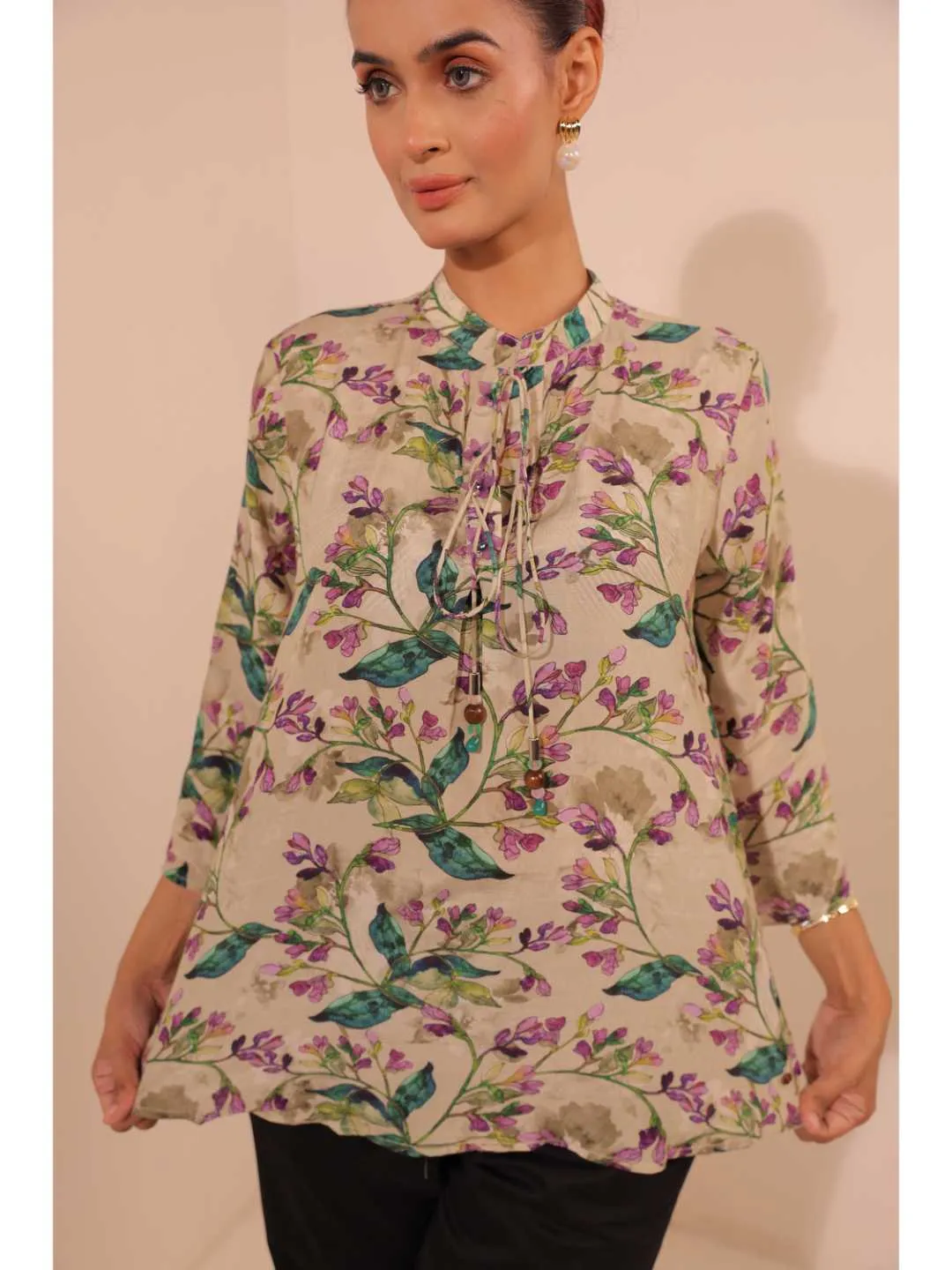 cheerful  natural crepe floral printed mandarin collar string, A-Line hand embellished top with three-forth sleeve - Multi