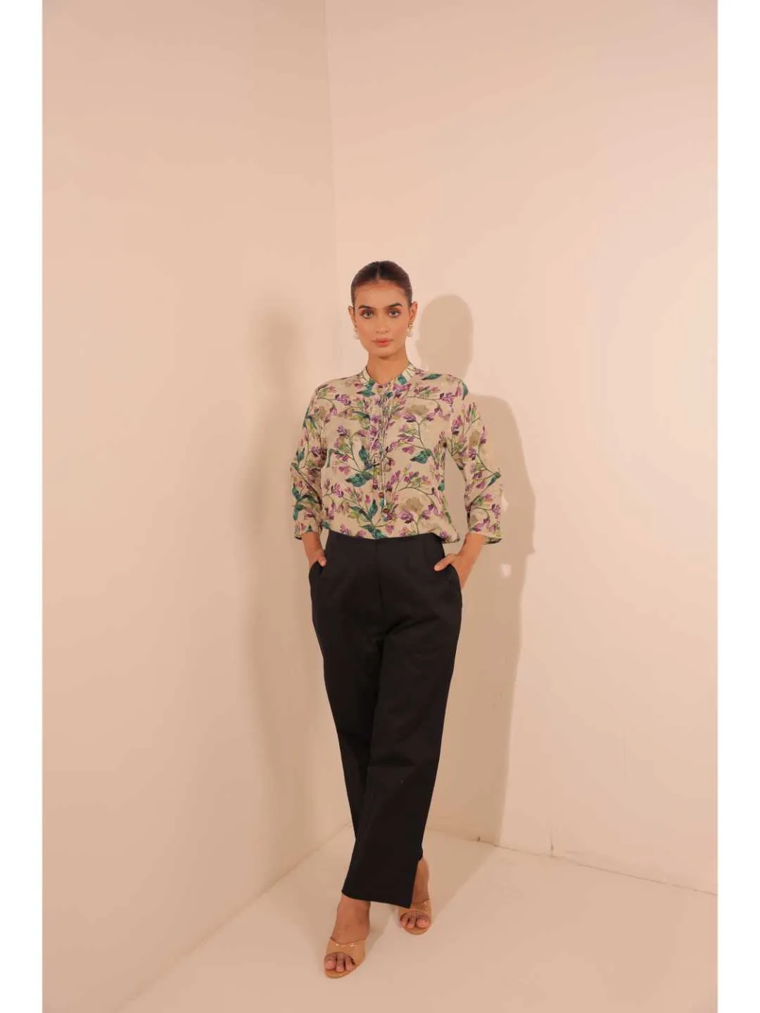 cheerful  natural crepe floral printed mandarin collar string, A-Line hand embellished top with three-forth sleeve - Multi