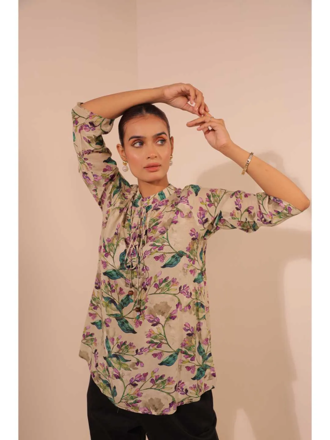 cheerful  natural crepe floral printed mandarin collar string, A-Line hand embellished top with three-forth sleeve - Multi