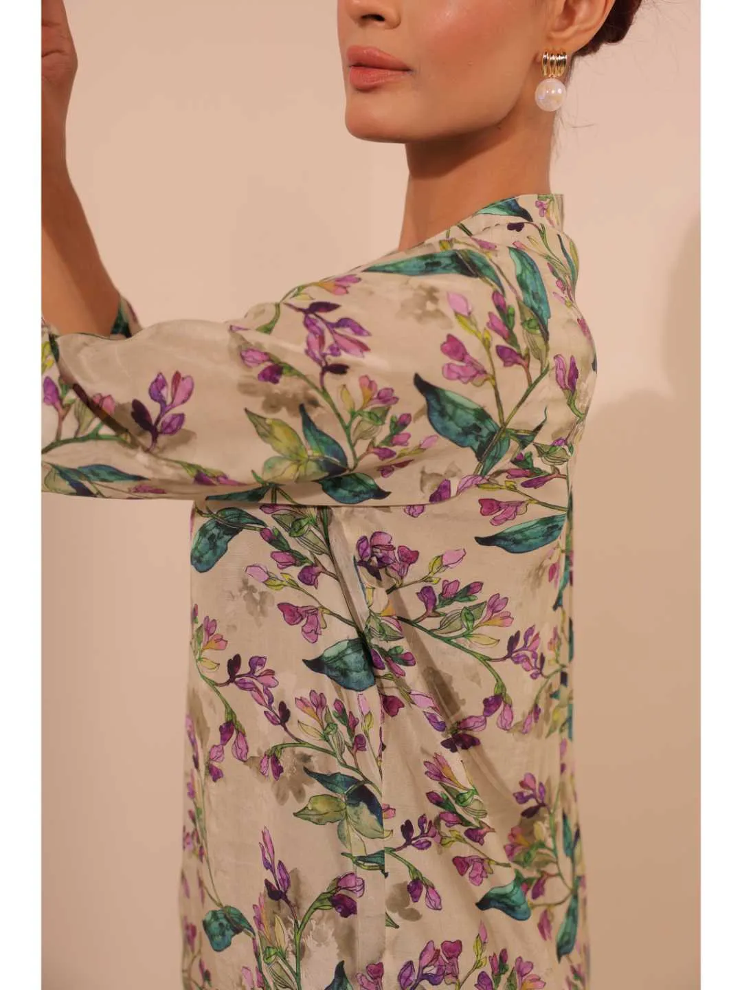 cheerful  natural crepe floral printed mandarin collar string, A-Line hand embellished top with three-forth sleeve - Multi