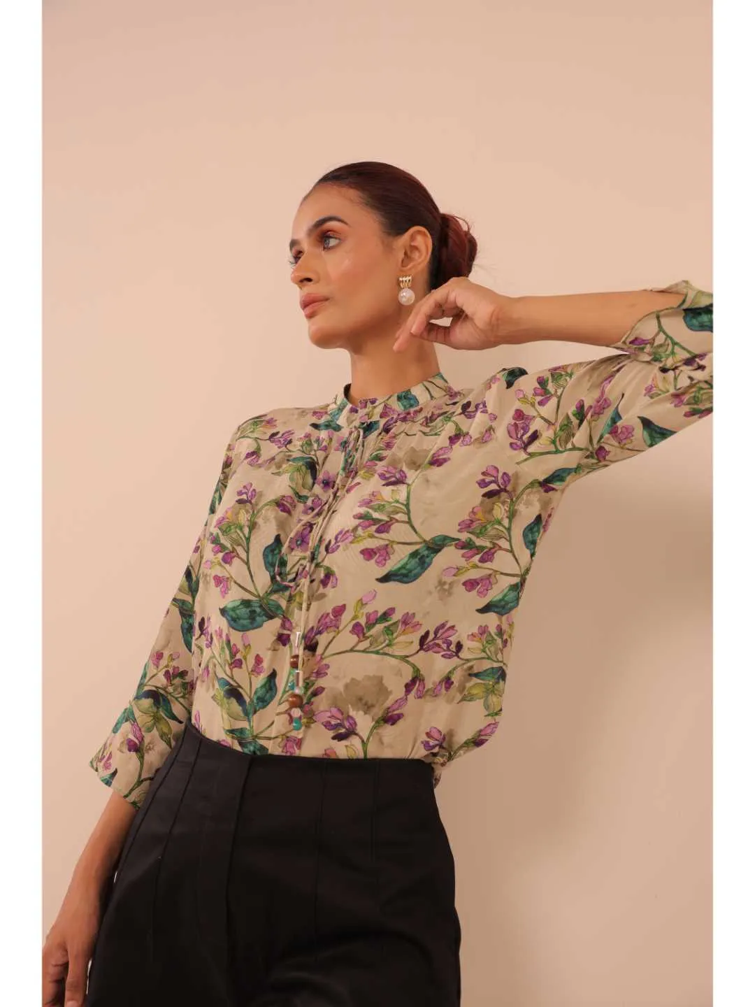 cheerful  natural crepe floral printed mandarin collar string, A-Line hand embellished top with three-forth sleeve - Multi