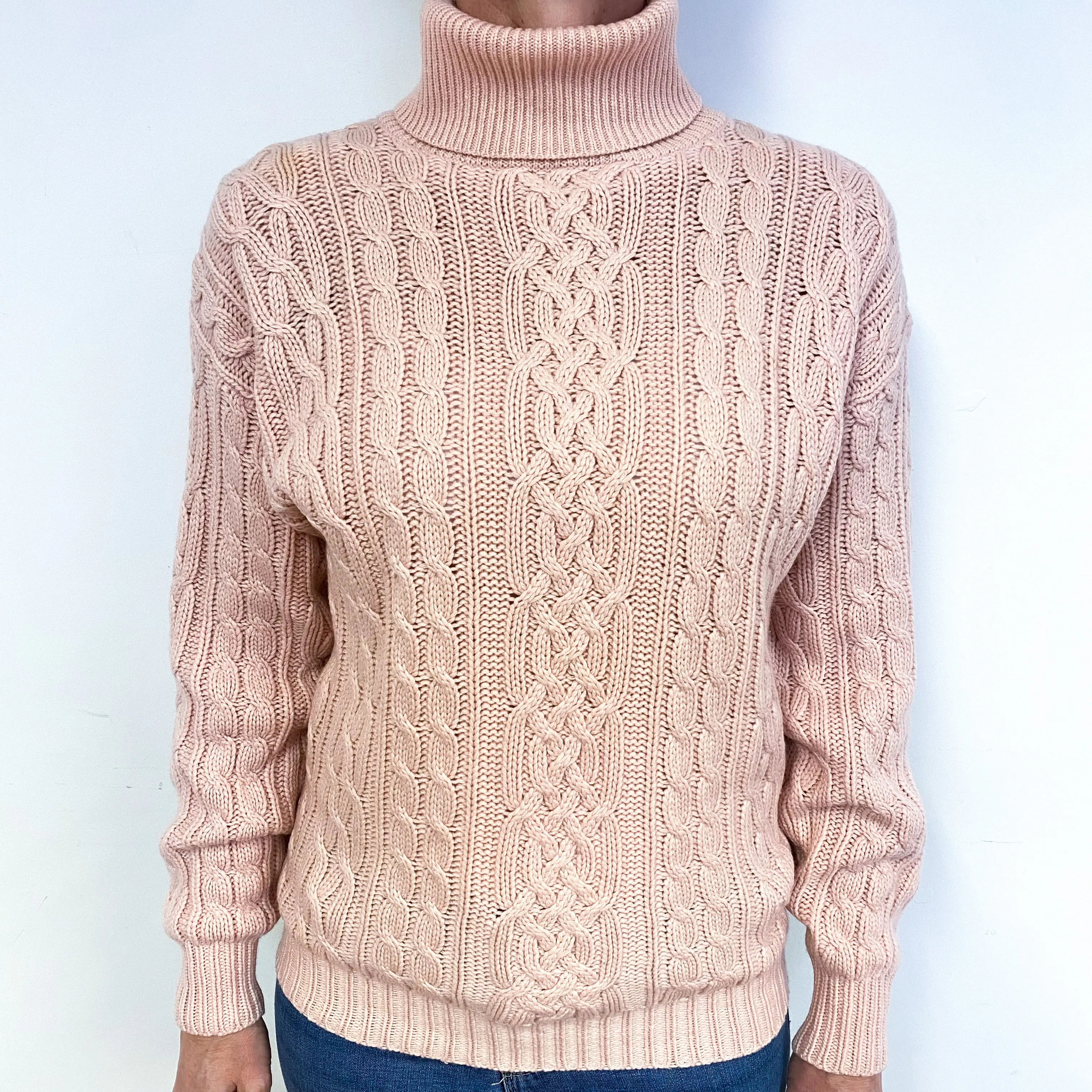 Chunky Oyster Pink Cashmere Polo Neck Jumper Medium