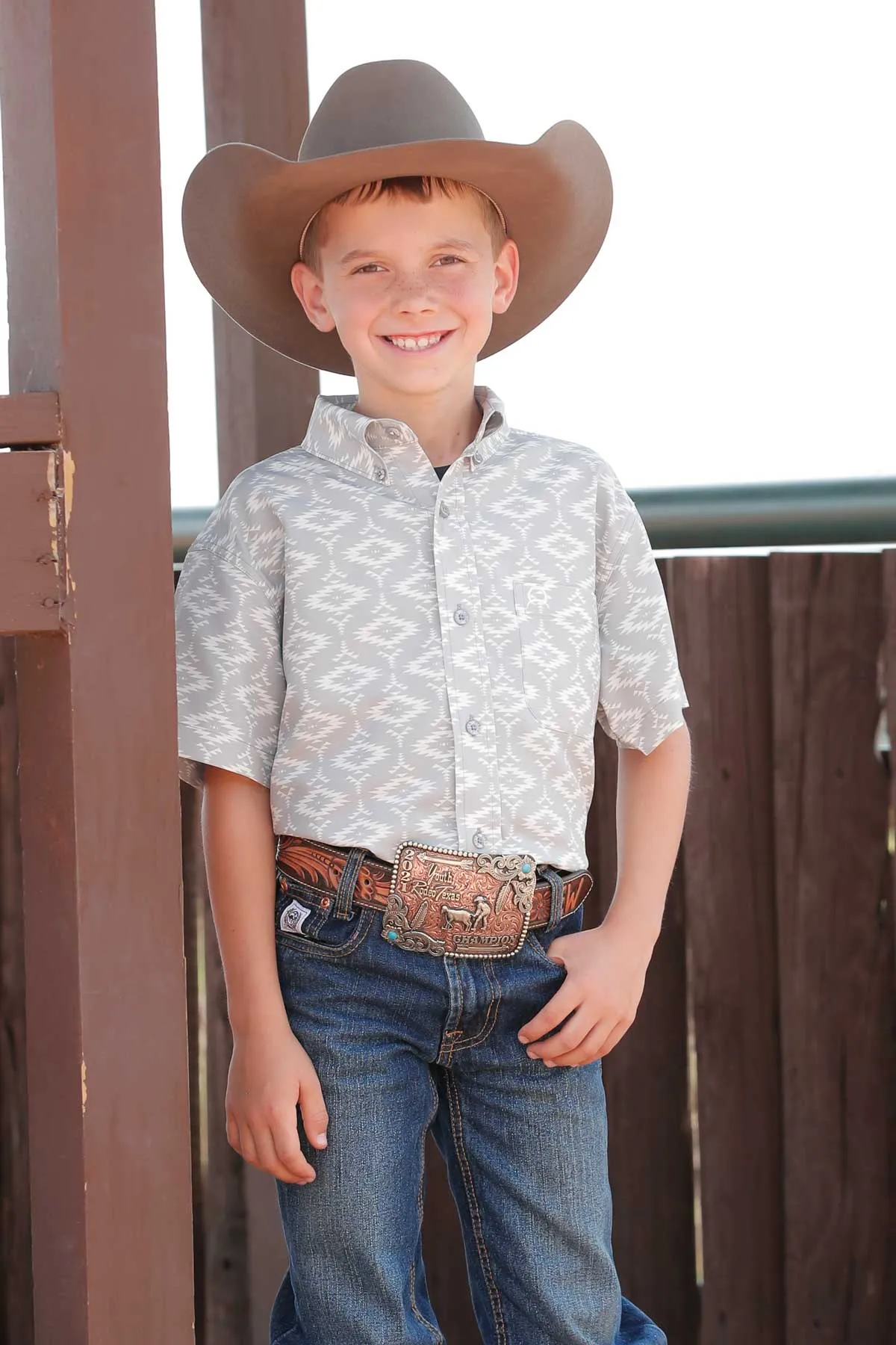 CINCH Boys Short Sleeve Button Down - Grey/White