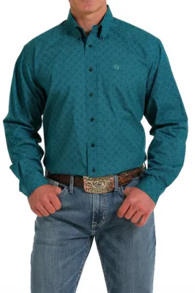 Cinch Men's Long Sleeve Button Down - Teal Print