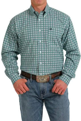 Cinch Men's Long Sleeve Button Down - Teal/White Print