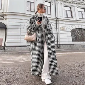 Clara Houndstooth Woolen Maxi Trench Coat