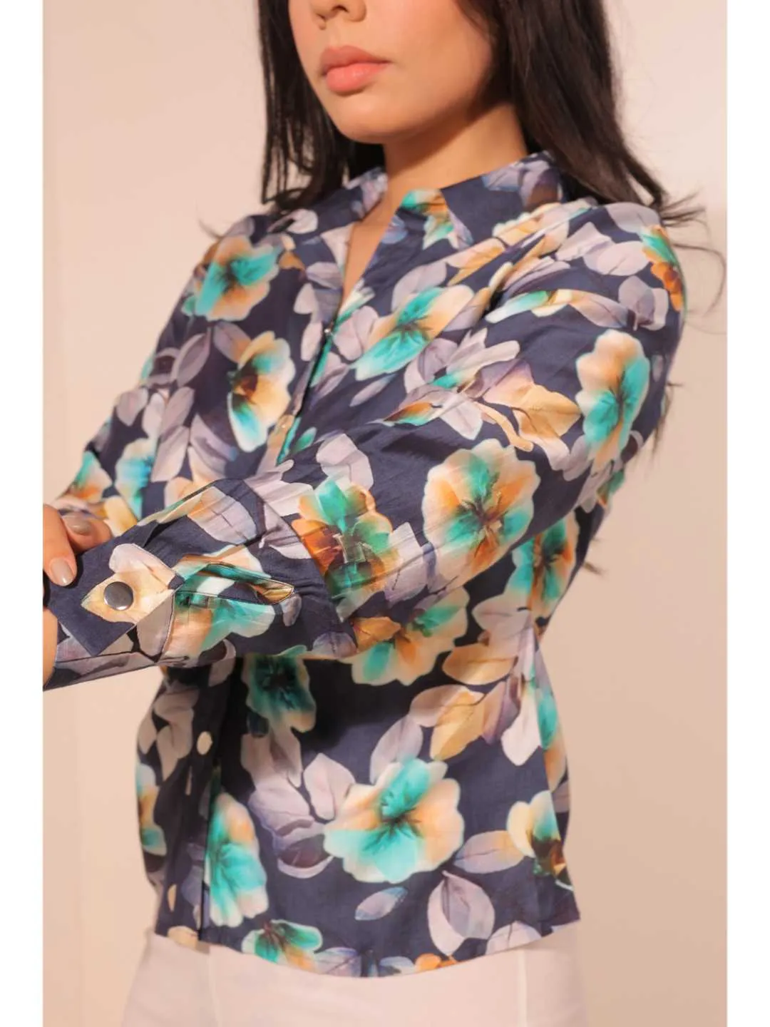 classic viscose floral printed front gathering detailed full placket snap buttons shirt with full cuff sleeves . -Multi