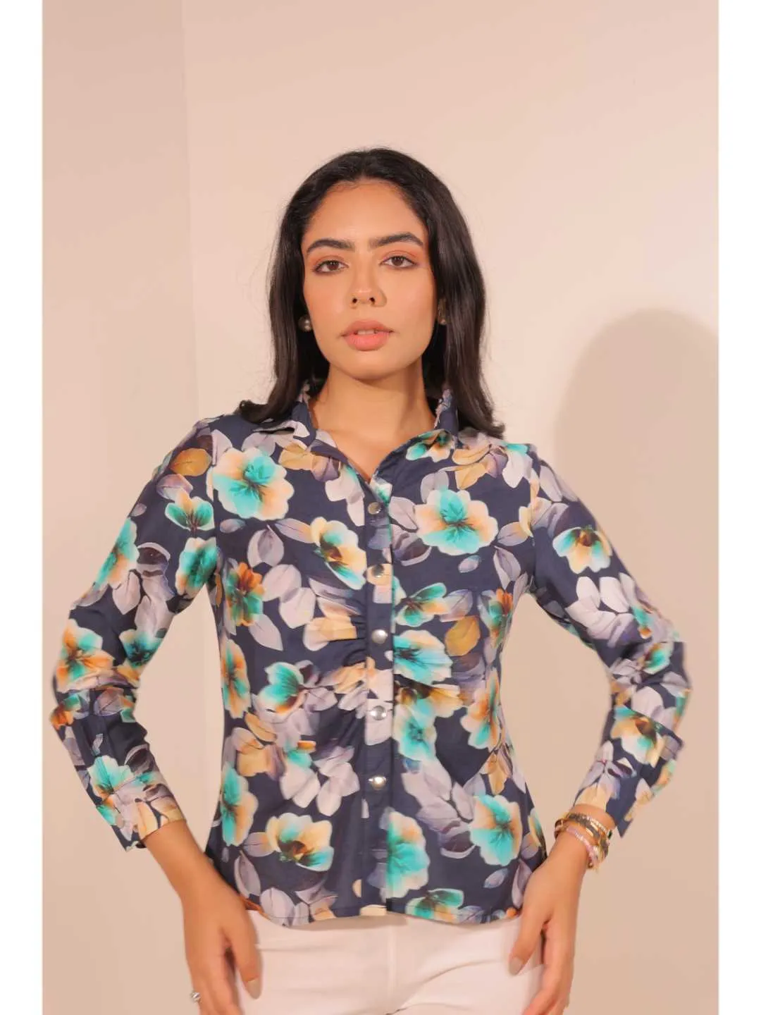 classic viscose floral printed front gathering detailed full placket snap buttons shirt with full cuff sleeves . -Multi