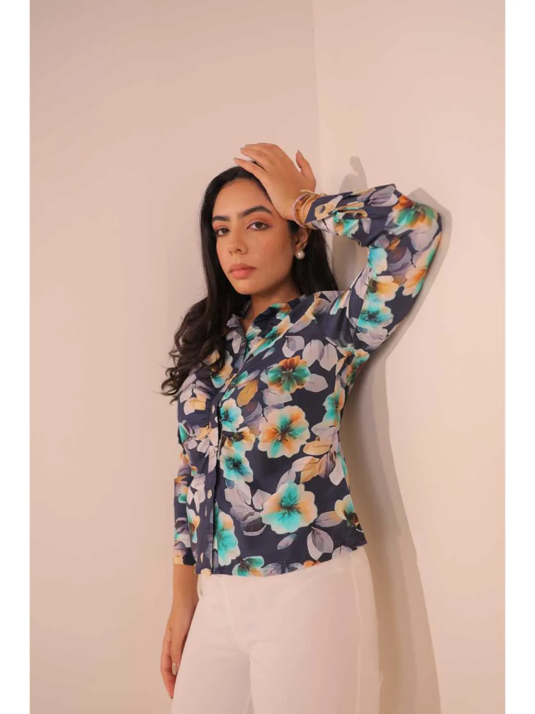 classic viscose floral printed front gathering detailed full placket snap buttons shirt with full cuff sleeves . -Multi