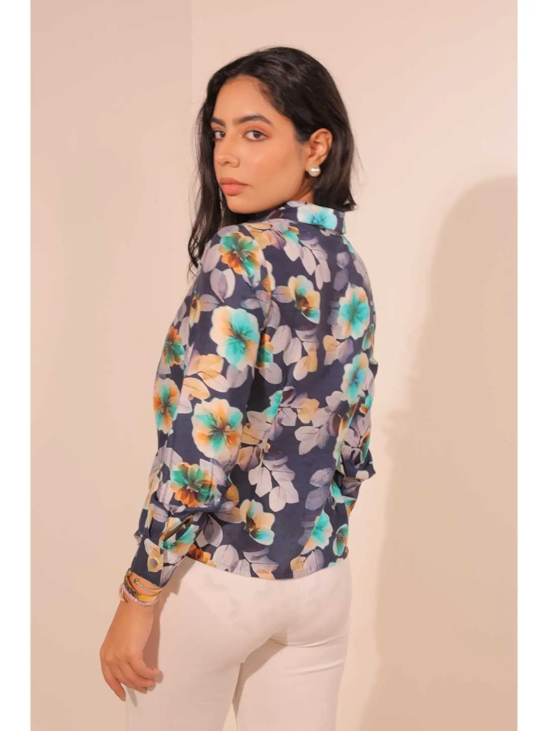 classic viscose floral printed front gathering detailed full placket snap buttons shirt with full cuff sleeves . -Multi