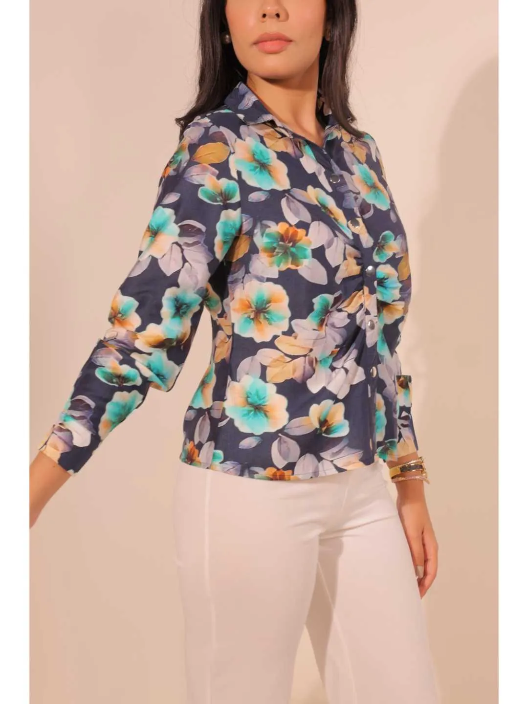 classic viscose floral printed front gathering detailed full placket snap buttons shirt with full cuff sleeves . -Multi