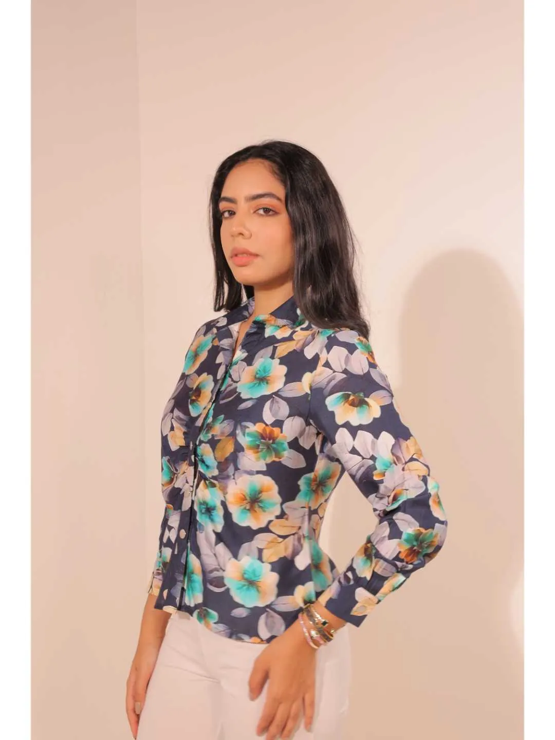 classic viscose floral printed front gathering detailed full placket snap buttons shirt with full cuff sleeves . -Multi