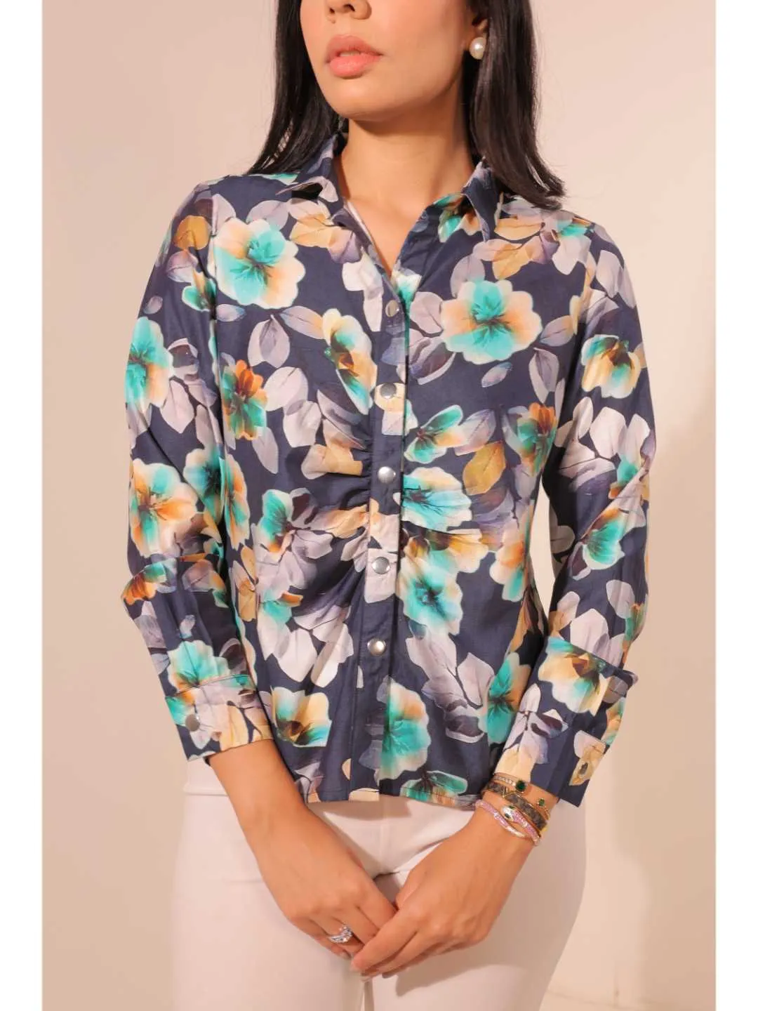 classic viscose floral printed front gathering detailed full placket snap buttons shirt with full cuff sleeves . -Multi