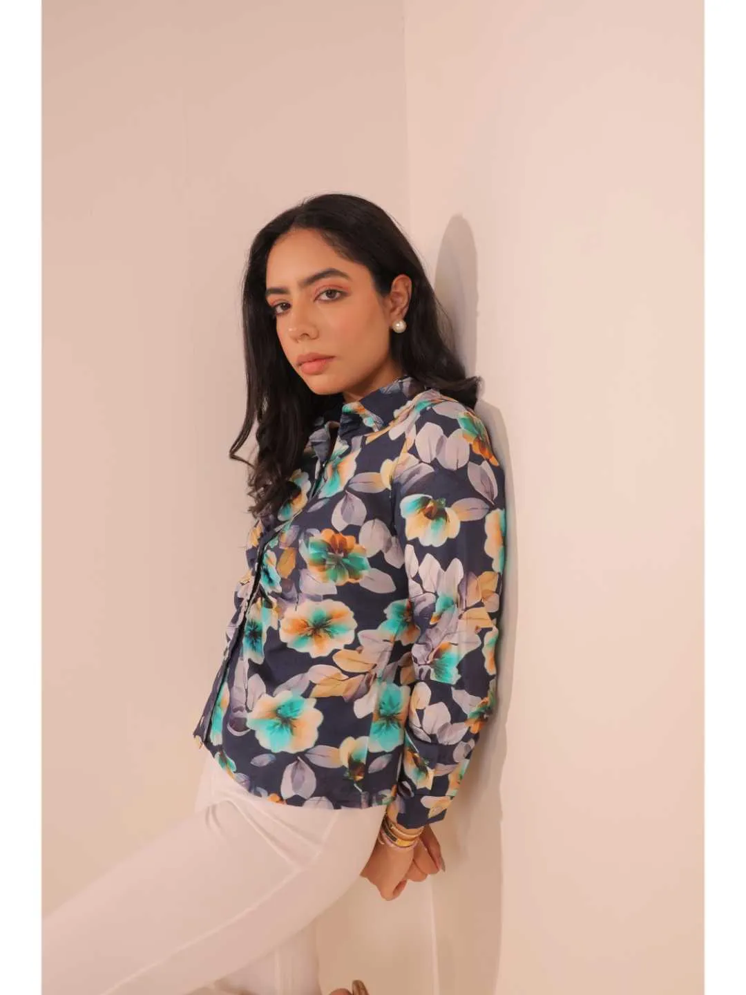 classic viscose floral printed front gathering detailed full placket snap buttons shirt with full cuff sleeves . -Multi