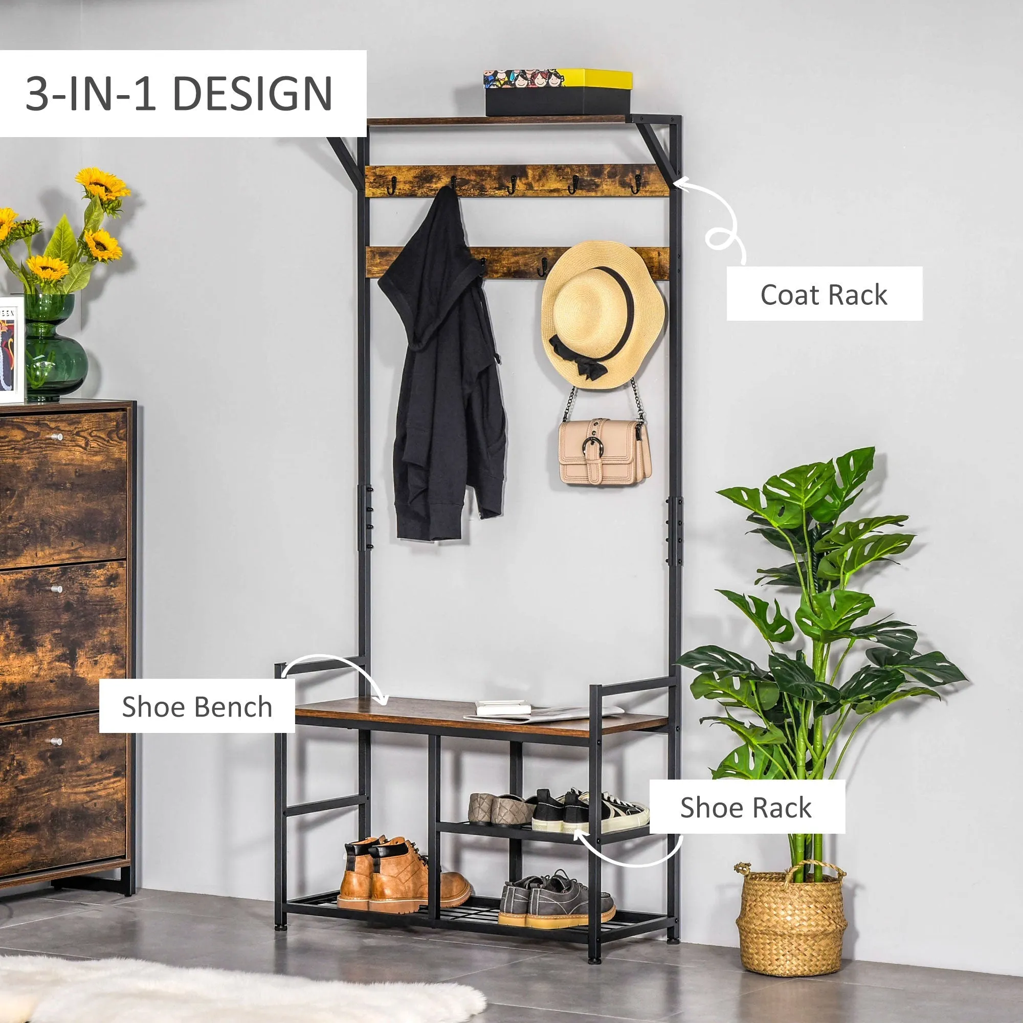 Coat Rack Stand Shoe Storage Bench with 9 Hooks Shelves 180cm