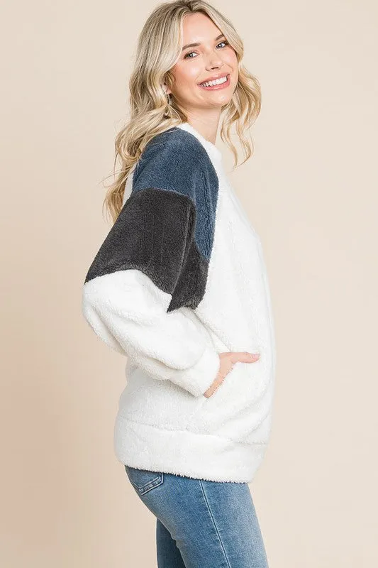 Color Block Faux Fur Raglan Sleeve Sweatshirt - White