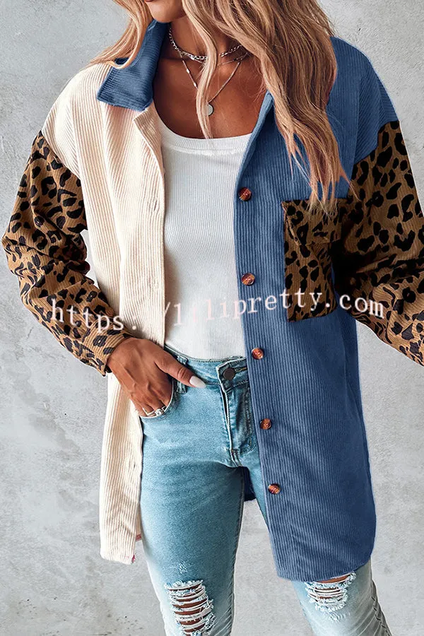 Colorblock Leopard Print Corduroy Long Sleeved Button Down Coat