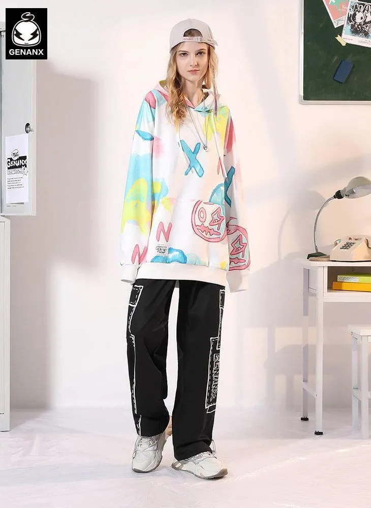 Comic Style Geometric Print Couple Casual Pants