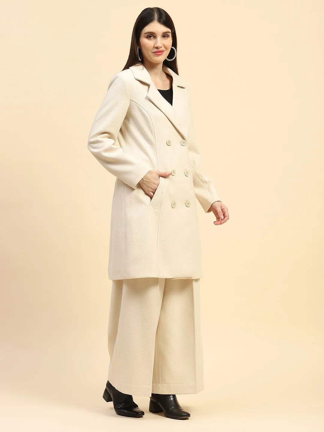 Cream Solid Poly Viscose Relaxed Fit Coat With Trouser Winter Set