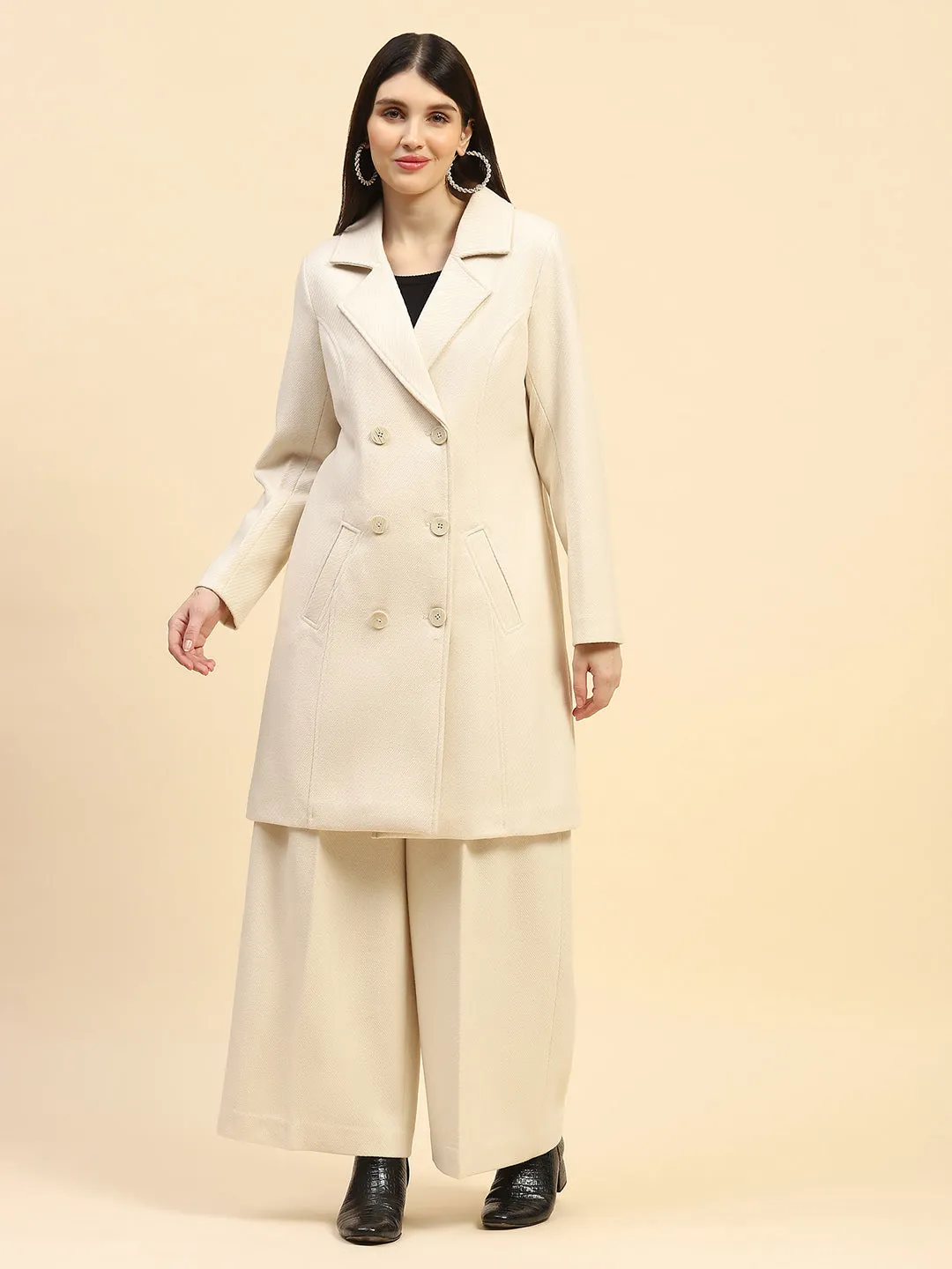 Cream Solid Poly Viscose Relaxed Fit Coat With Trouser Winter Set