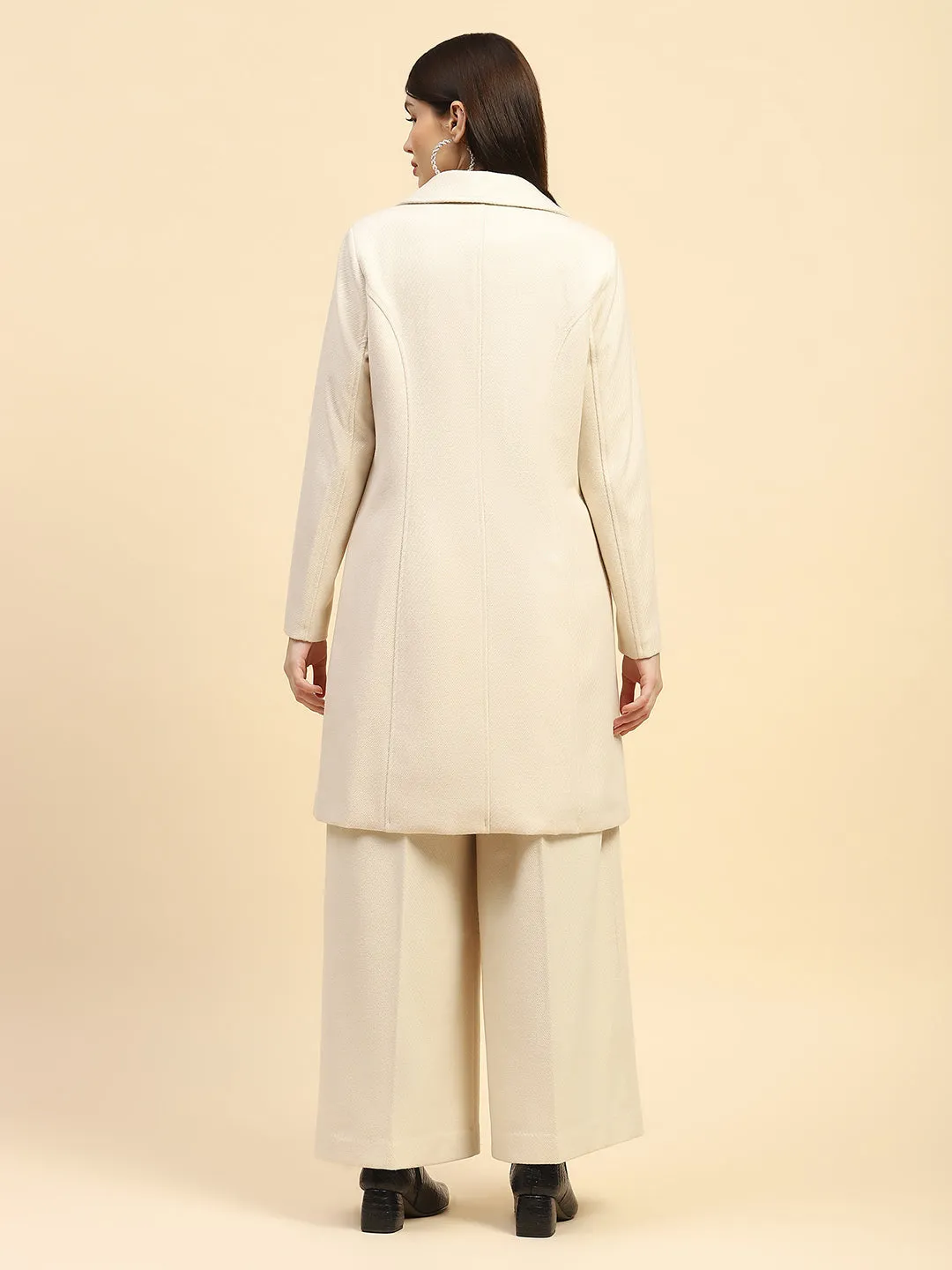 Cream Solid Poly Viscose Relaxed Fit Coat With Trouser Winter Set