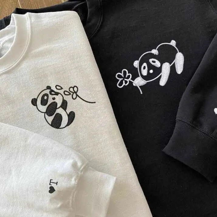 Cute Panda Couple Matching Hoodies - Custom Embroidered Sweatshirts For Couples