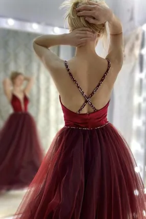 Deep V Neck Backless Burgundy Tulle Long Prom Dress, V Neck Burgundy Formal Dress, Burgundy Evening Dress