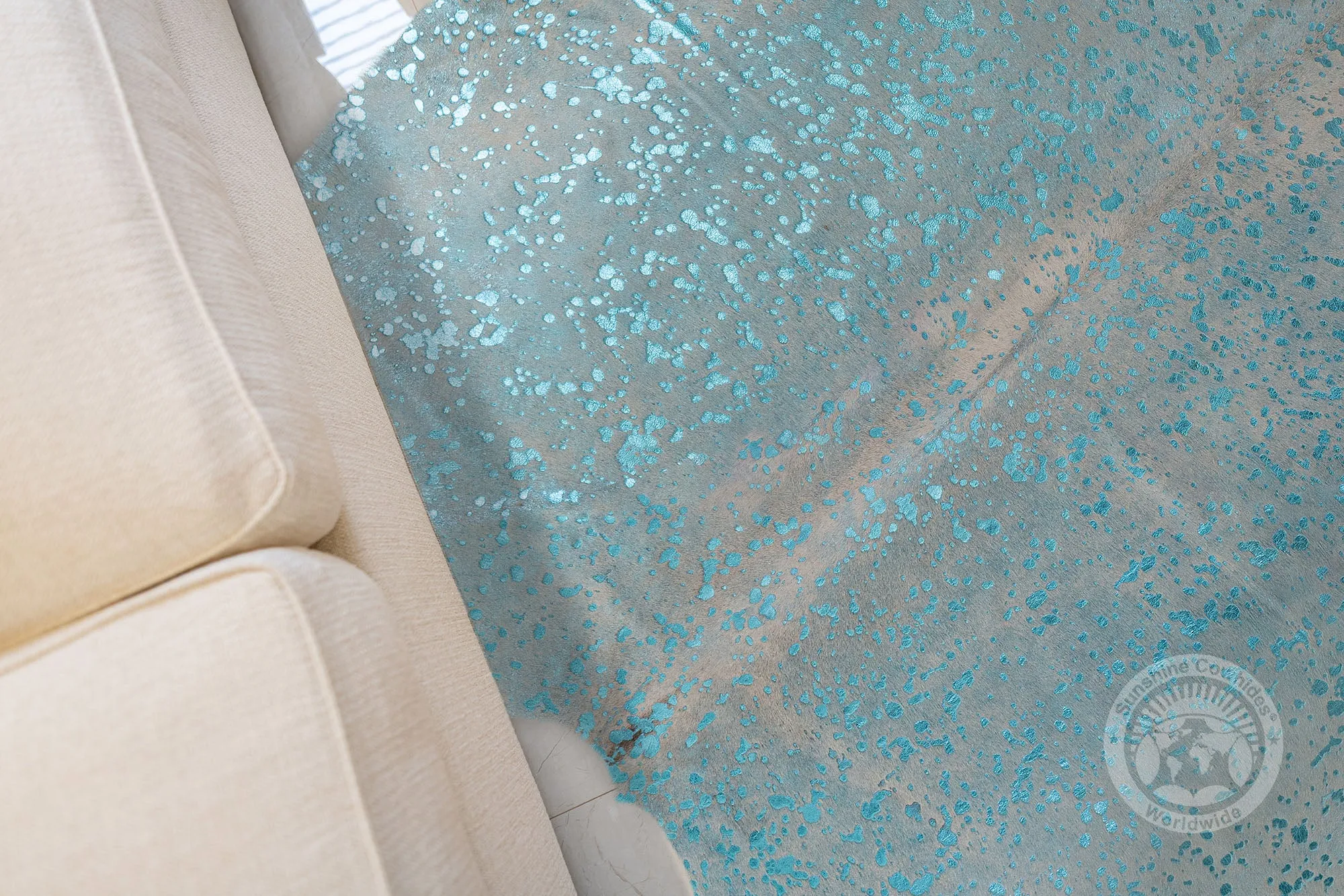 Devore Metallic Turquoise on Off White Cowhide Rug