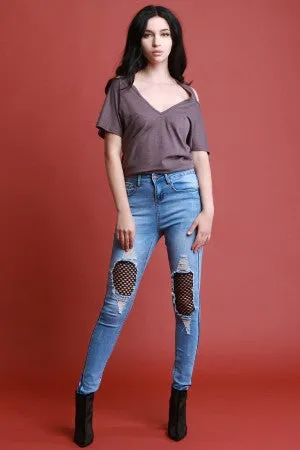 Distressed Fishnet Panel High Waist Skinny Denim Jeans