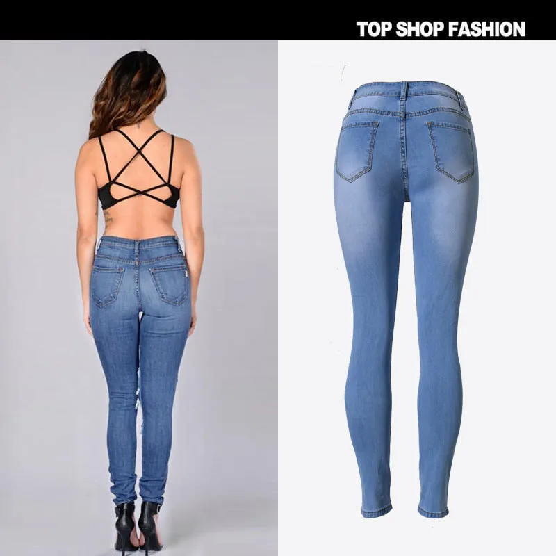 Elastic High Waist Cut Out Holes Long Skinny Pants Jeans