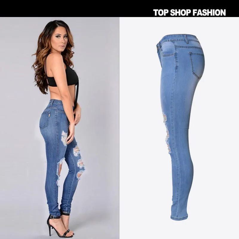 Elastic High Waist Cut Out Holes Long Skinny Pants Jeans