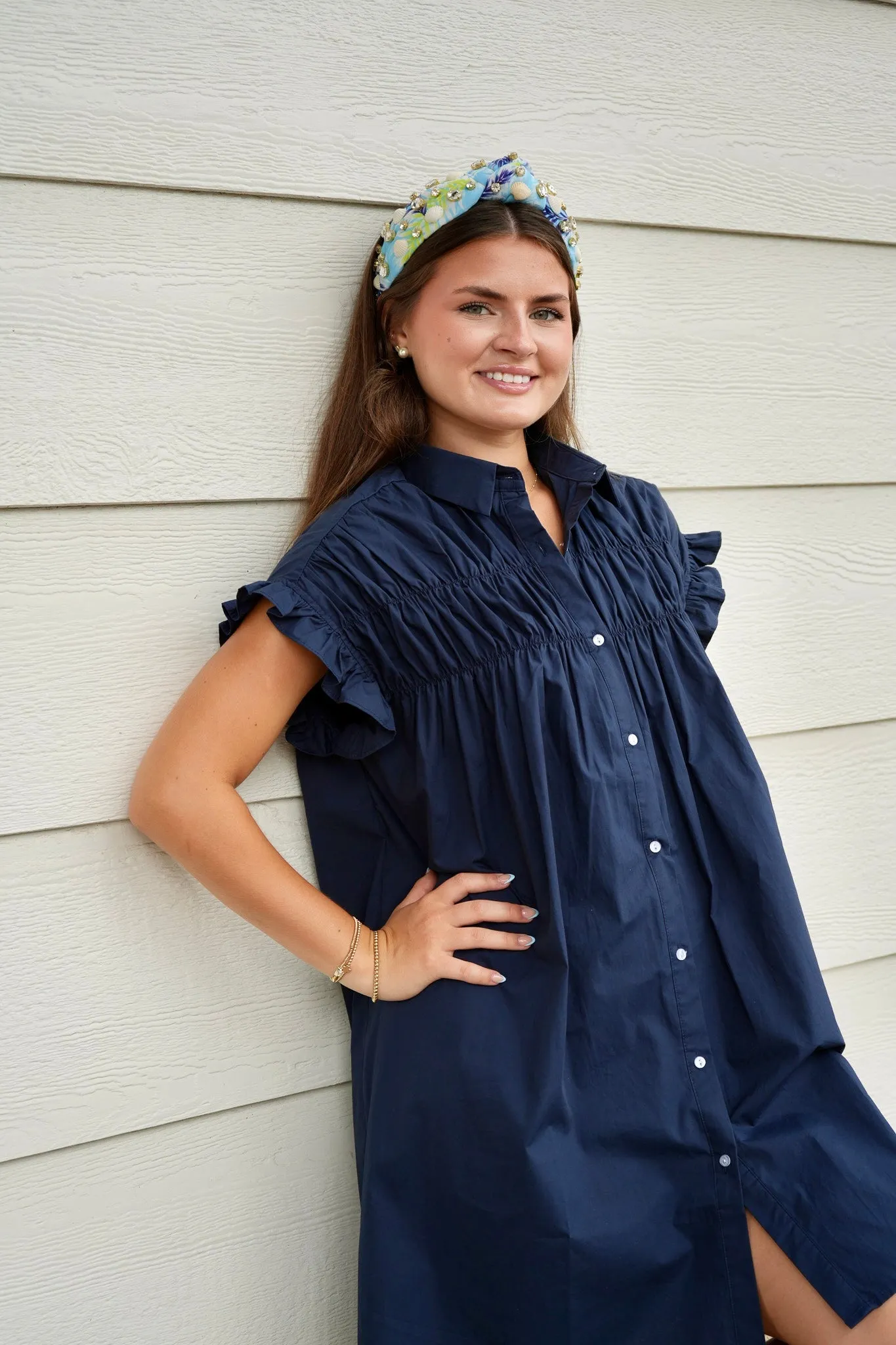 Elsa Gathered Shirt Dress - Navy Blue