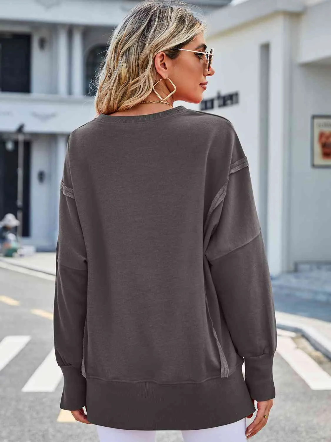 Exposed Seam High-Low Round Neck Sweatshirt