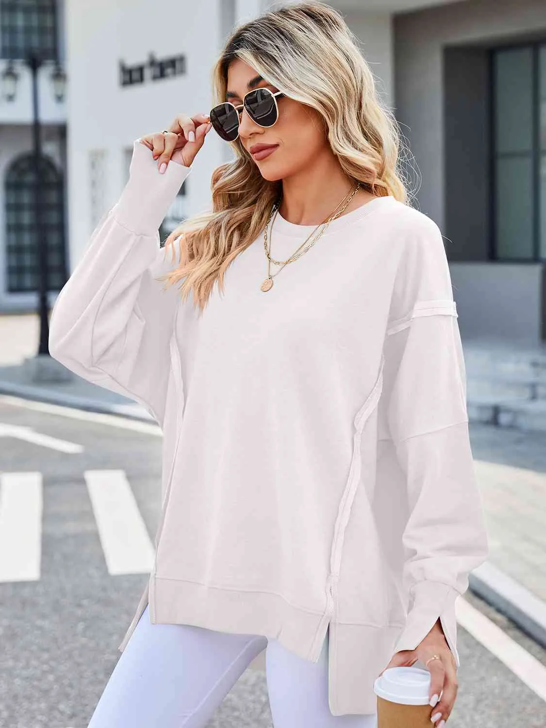 Exposed Seam High-Low Round Neck Sweatshirt