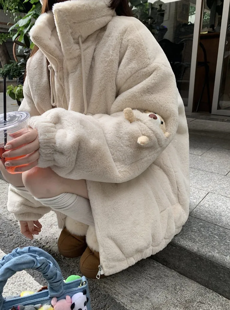 Fall Winter Plush High Collar 3D Bear White Jacket Coat