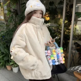 Fall Winter Plush High Collar 3D Bear White Jacket Coat