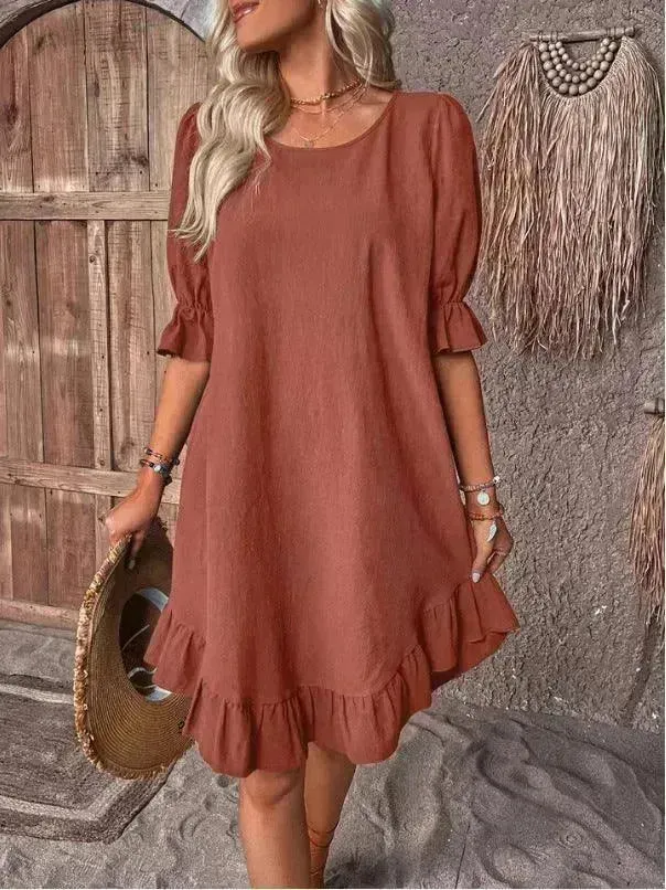 Fashion Ruffle Short-sleeved Dress Summer Solid Color Round Neck Loose Midi  Straight Dress for Women.