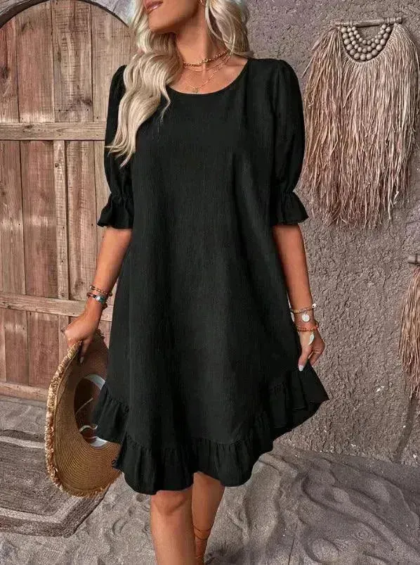 Fashion Ruffle Short-sleeved Dress Summer Solid Color Round Neck Loose Midi  Straight Dress for Women.