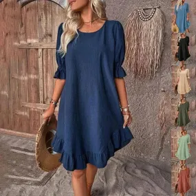 Fashion Ruffle Short-sleeved Dress Summer Solid Color Round Neck Loose Midi  Straight Dress for Women.