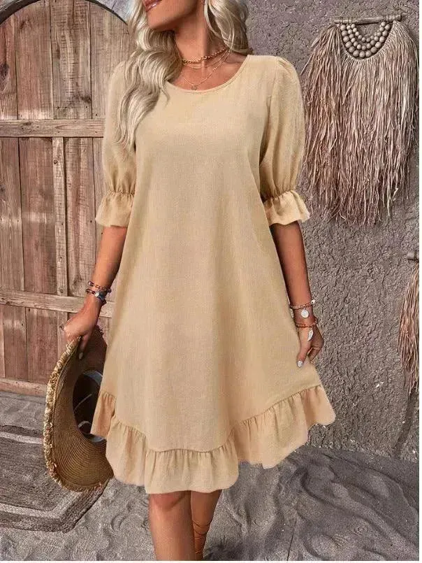 Fashion Ruffle Short-sleeved Dress Summer Solid Color Round Neck Loose Midi  Straight Dress for Women.